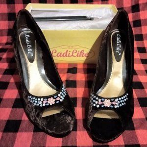 LADILIKE Women High Heels Shoes Velvet Rhinestone Open Toe Brown Size 9